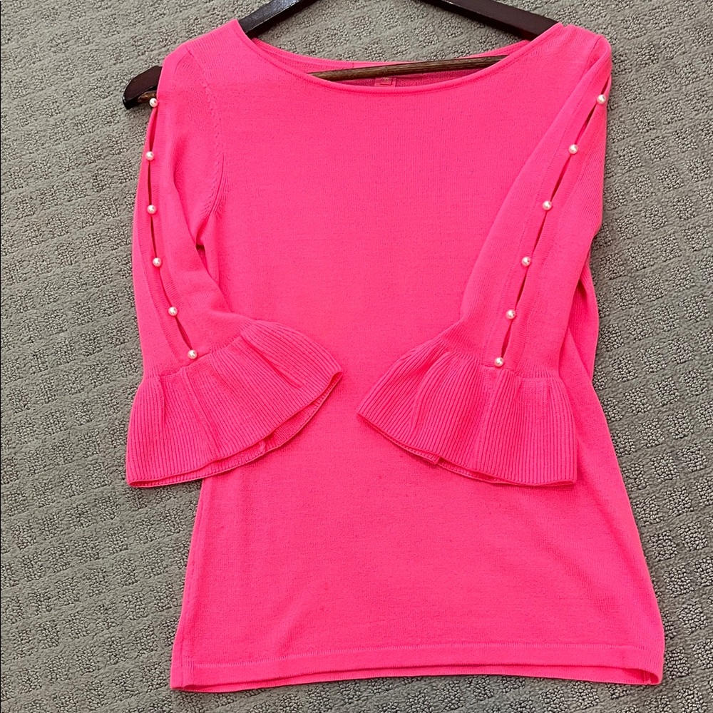 Lilly Pulitzer Hot Pink Ruffle Sleeve Pearl Detail Sweater
